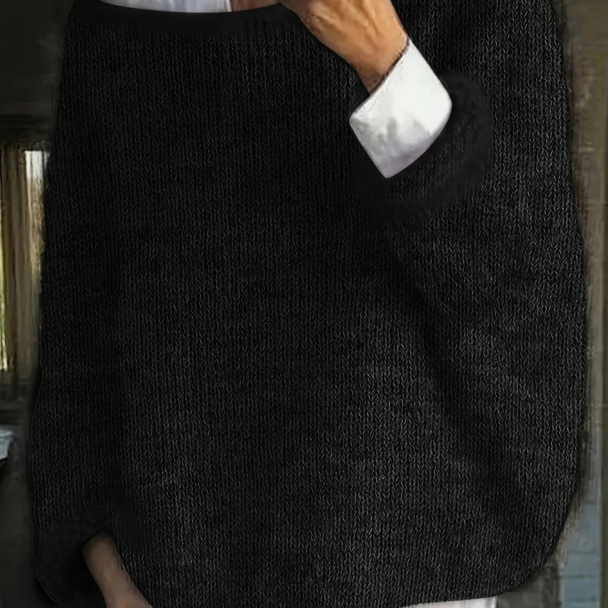 Women's black relaxed drop-shoulder crew neck sweater, with ribbed trim