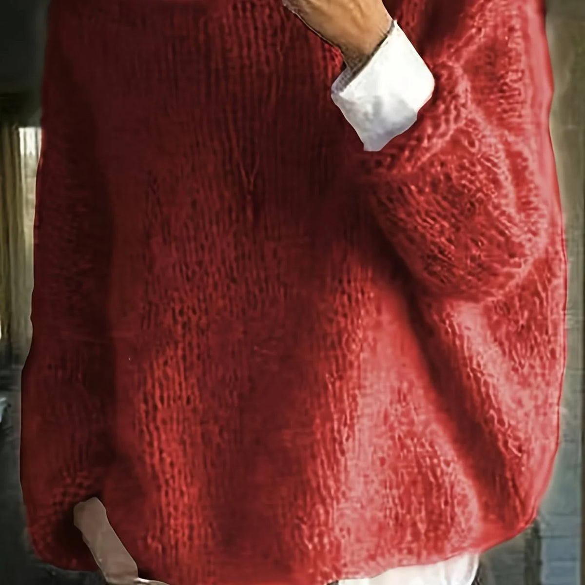 Women's burgundy relaxed drop-shoulder crew neck sweater, with ribbed trim