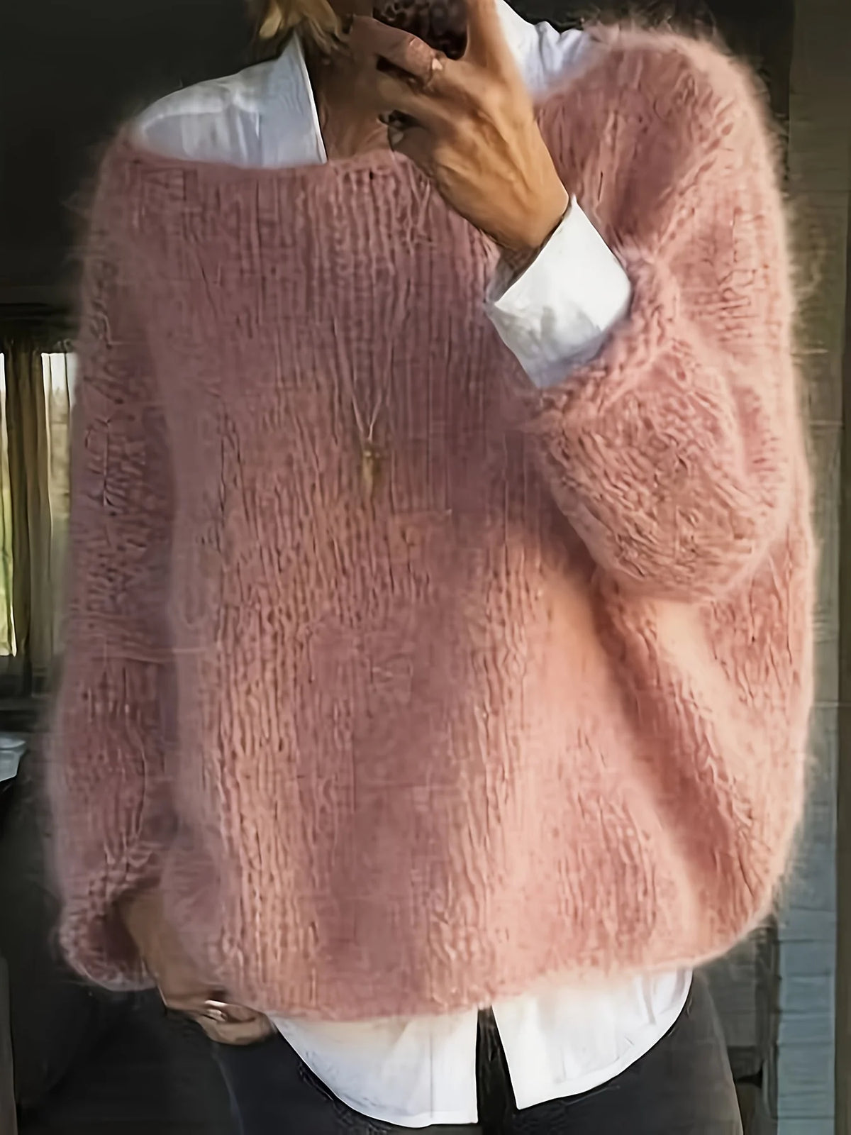 Women's pink relaxed drop-shoulder crew neck sweater, with ribbed trim