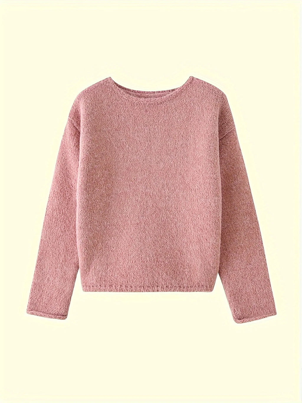 Women's pink relaxed drop-shoulder crew neck sweater, with ribbed trim