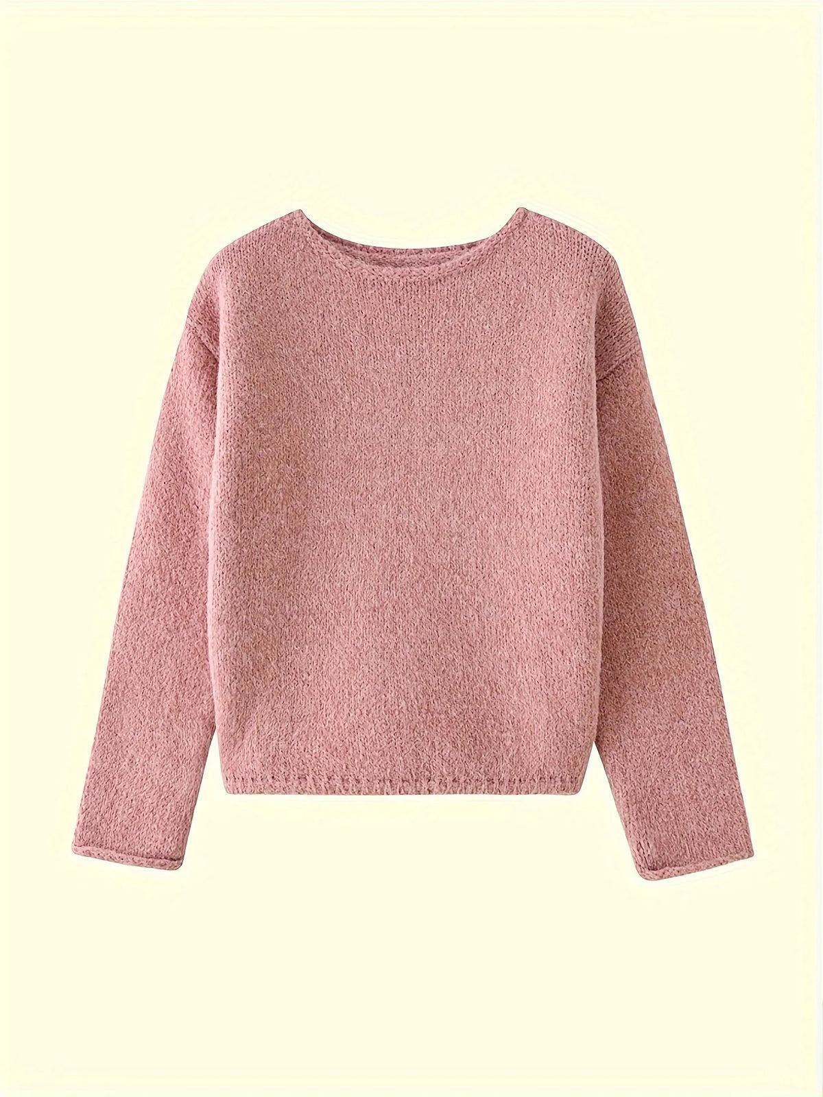 Women's pink relaxed drop-shoulder crew neck sweater, with ribbed trim