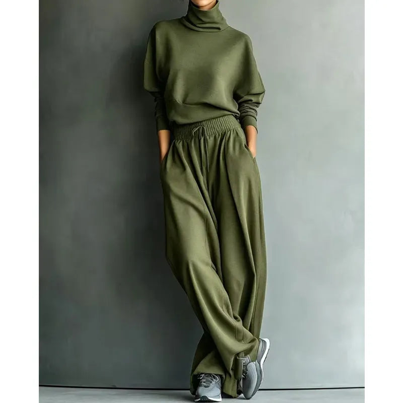 Women's olive green turtleneck two-piece set
