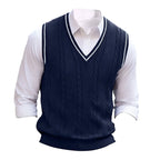 Men's dark navy cricket-style cable-knit V-neck sweater vest