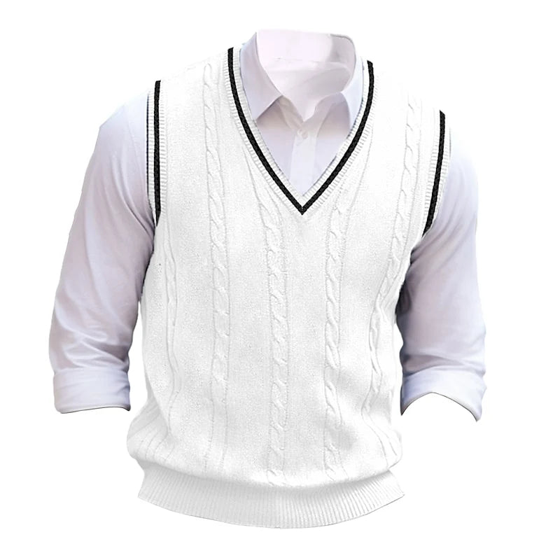 Men's white cricket-style cable-knit V-neck sweater vest