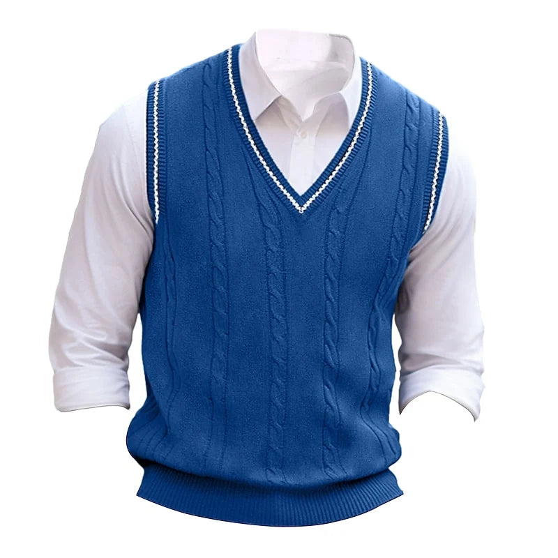 Men's blue cricket-style cable-knit V-neck sweater vest