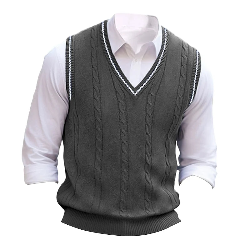 Men's dark gray cricket-style cable-knit V-neck sweater vest