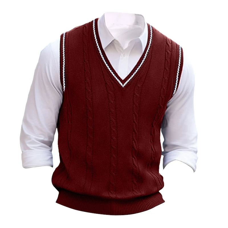 Men's wine cricket-style cable-knit V-neck sweater vest