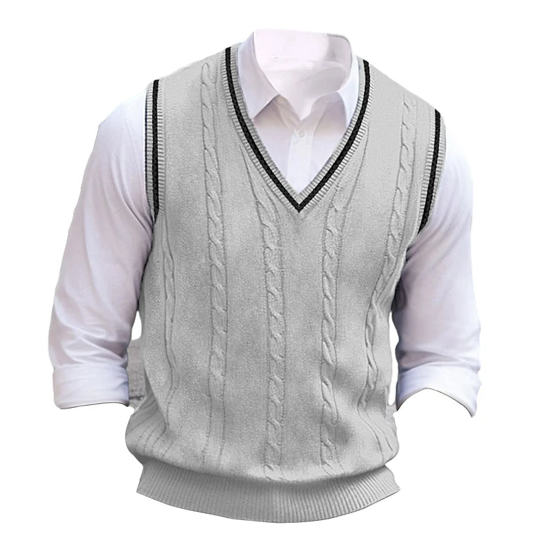 Men's gray cricket-style cable-knit V-neck sweater vest