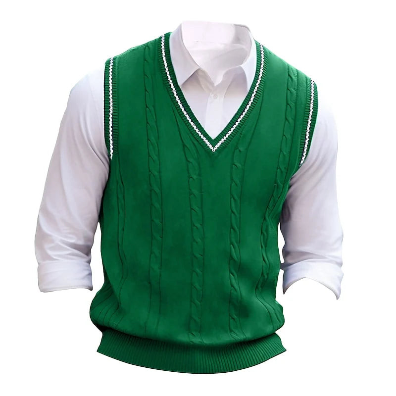 Men's green cricket-style cable-knit V-neck sweater vest
