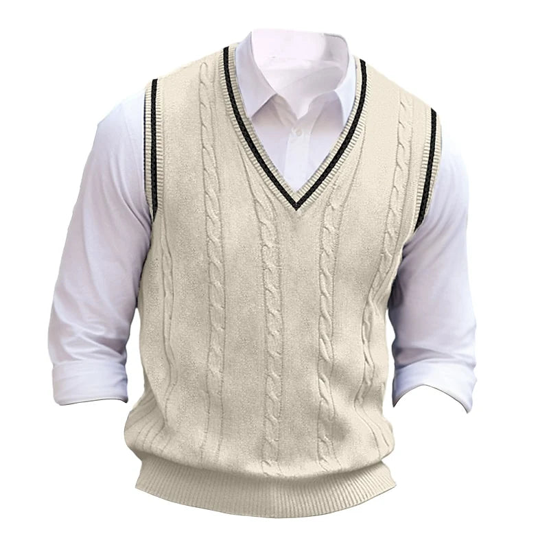 Men's khaki cricket-style cable-knit V-neck sweater vest