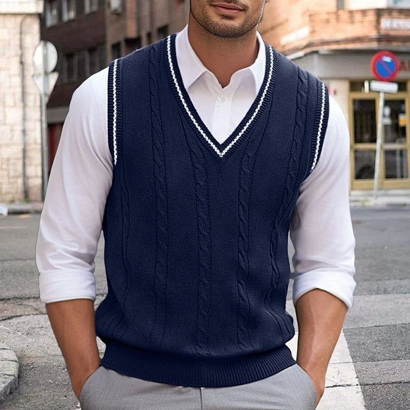 Men's dark navy cricket-style cable-knit V-neck sweater vest
