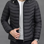 Men's black slim-Fit Hooded Puffer Jacket, Zip-Front Design for Winter
