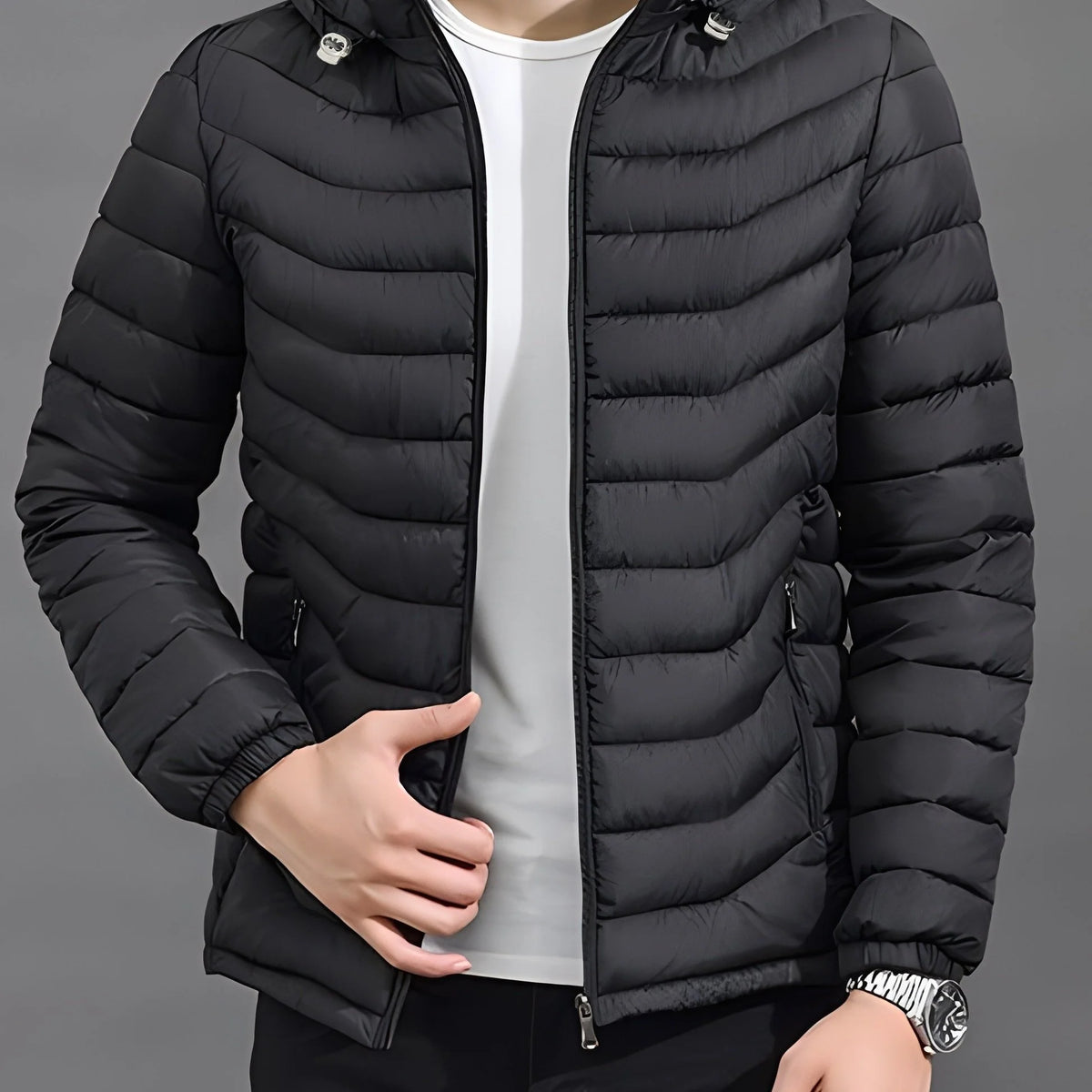 Men's black slim-Fit Hooded Puffer Jacket, Zip-Front Design for Winter