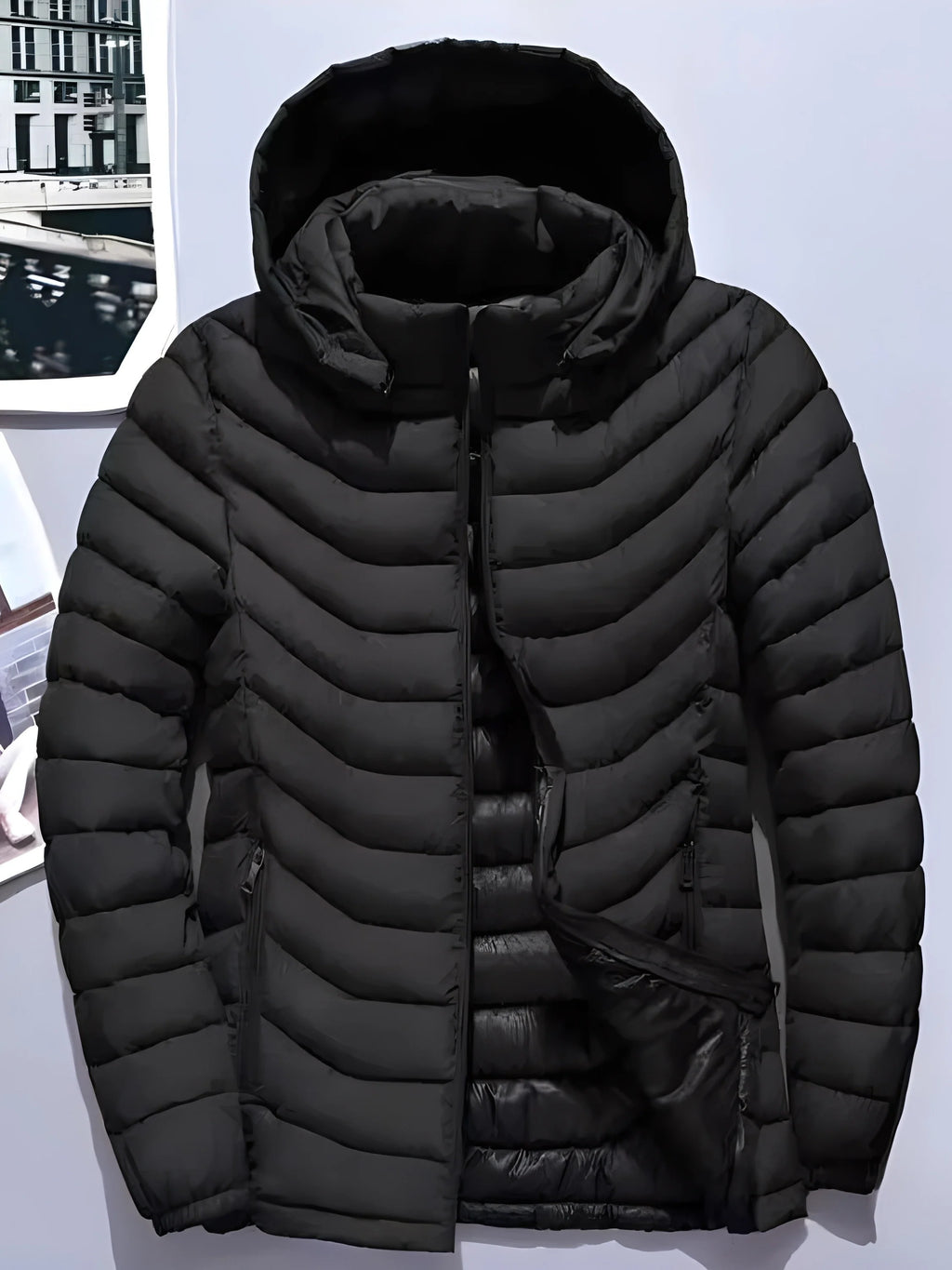 Men's grey slim-Fit Hooded Puffer Jacket, Zip-Front Design for Winter