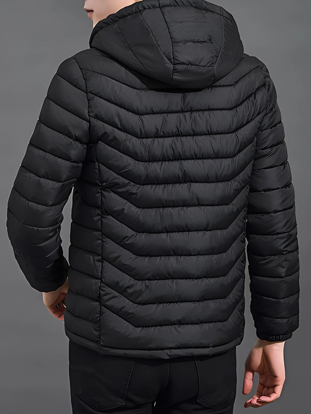 Men's grey slim-Fit Hooded Puffer Jacket, Zip-Front Design for Winter