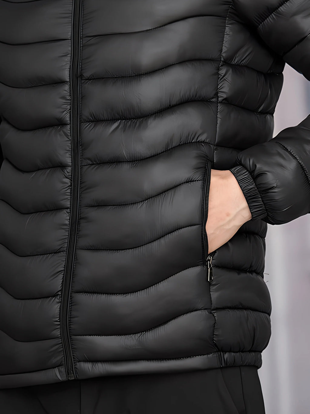 Men's grey slim-Fit Hooded Puffer Jacket, Zip-Front Design for Winter