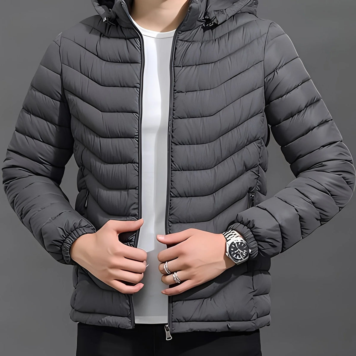 Men's grey slim-Fit Hooded Puffer Jacket, Zip-Front Design for Winter