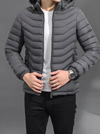Men's grey slim-Fit Hooded Puffer Jacket, Zip-Front Design for Winter