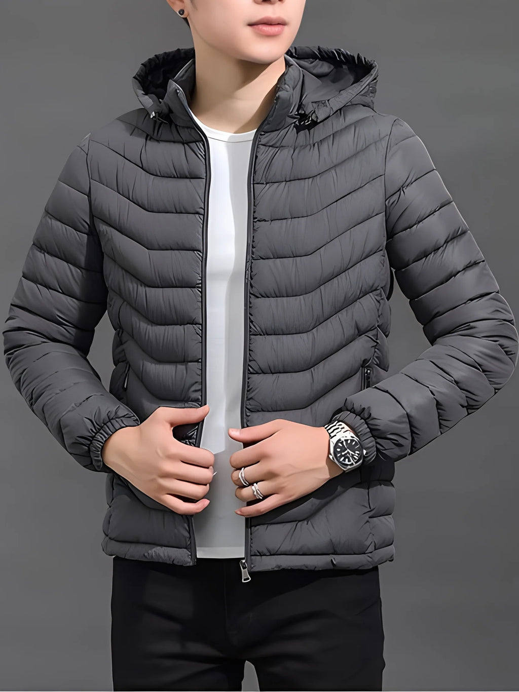 Men's grey slim-Fit Hooded Puffer Jacket, Zip-Front Design for Winter