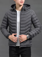 Men's grey slim-Fit Hooded Puffer Jacket, Zip-Front Design for Winter