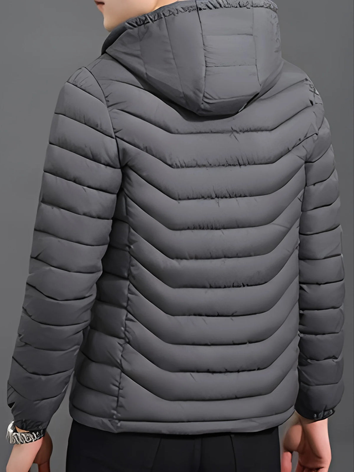 Men's grey slim-Fit Hooded Puffer Jacket, Zip-Front Design for Winter