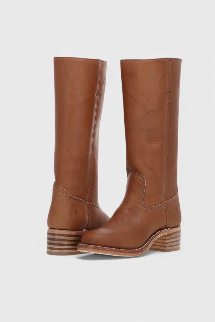 Women's brown classic knee-high heeled boots, with side zip entry