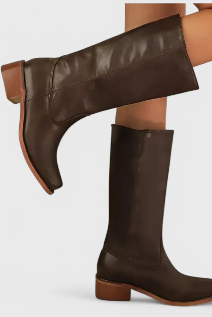 Women's brown classic knee-high heeled boots, with side zip entry