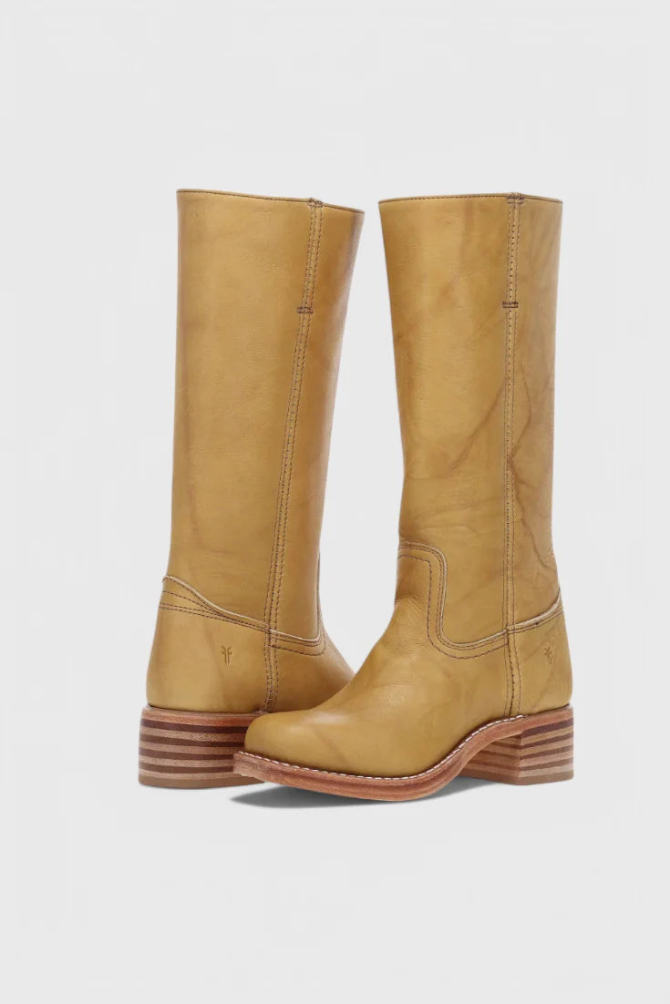 Women's yellow classic knee-high heeled boots, with side zip entry