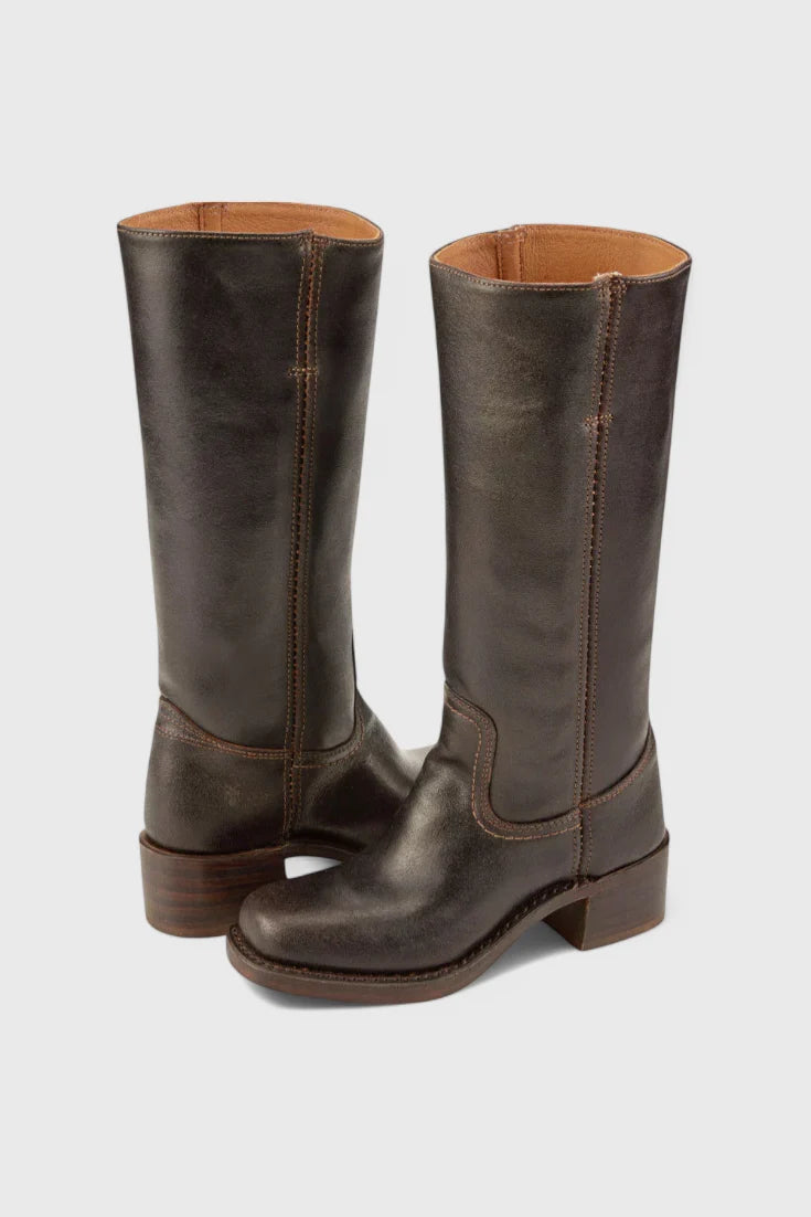 Women's dark brown classic knee-high heeled boots, with side zip entry