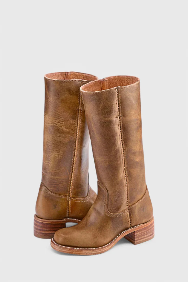 Women's dark brown classic knee-high heeled boots, with side zip entry