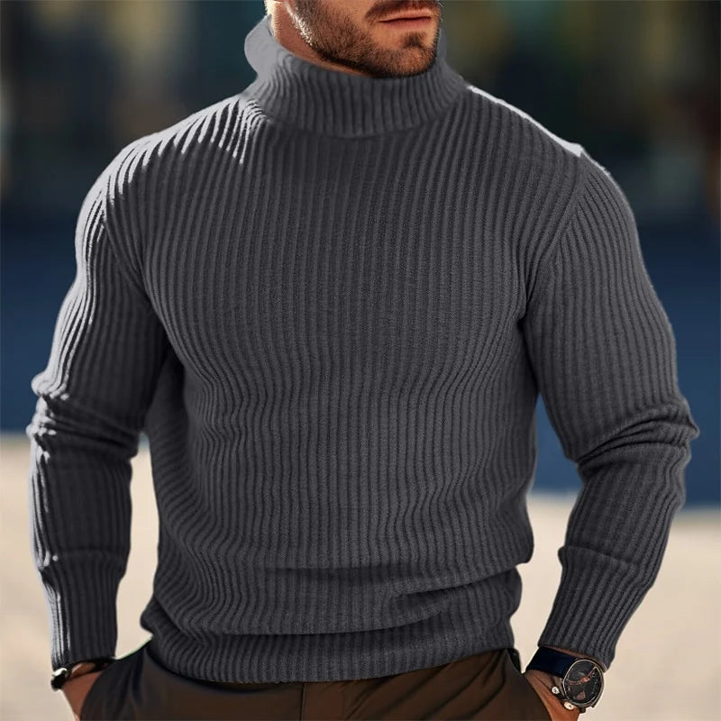 Men's gray ribbed turtleneck sweater, slim fit knit for winter