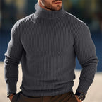 Men's gray ribbed turtleneck sweater, slim fit knit for winter