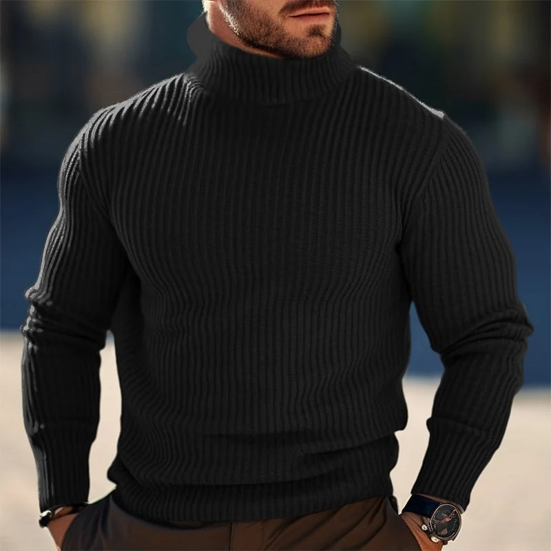 Men's black ribbed turtleneck sweater, slim fit knit for winter