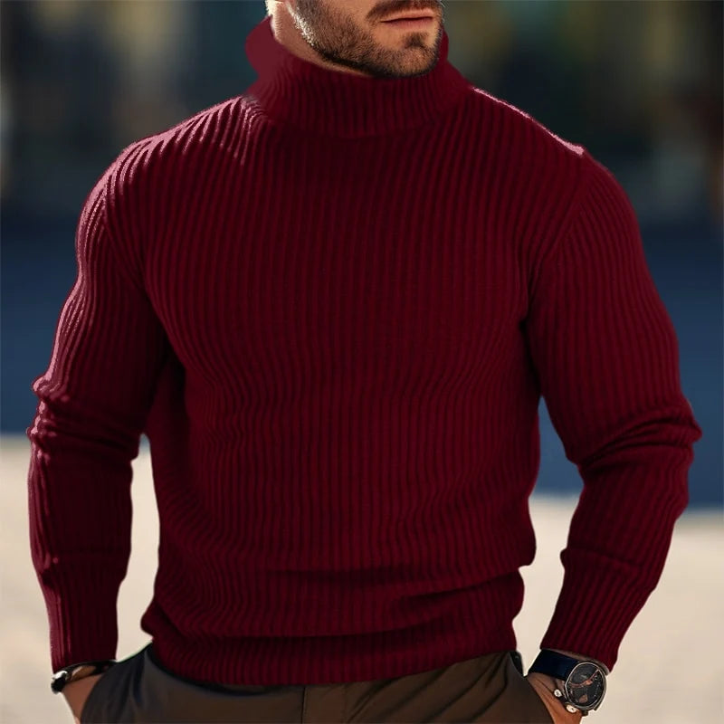 Men's red ribbed turtleneck sweater, slim fit knit for winter