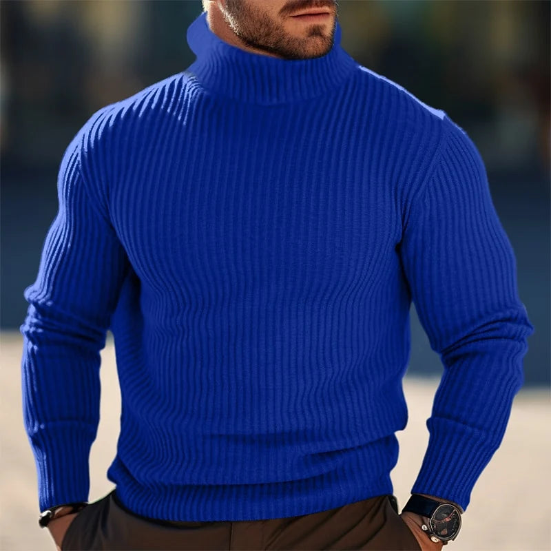 Men's blue ribbed turtleneck sweater, slim fit knit for winter