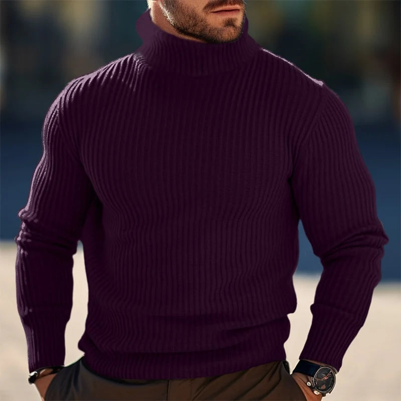 Men's purple ribbed turtleneck sweater, slim fit knit for winter