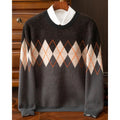 Men's gray argyle crew neck sweater with saddle shoulders