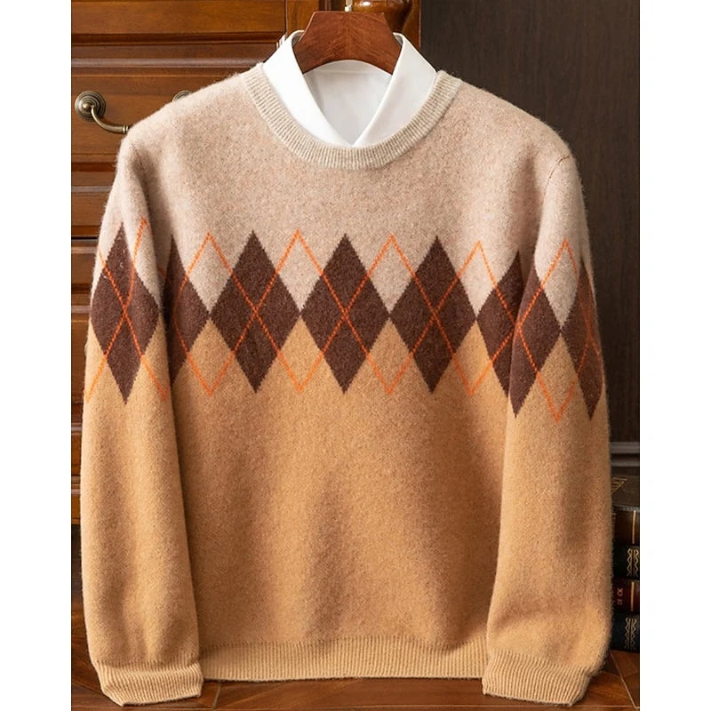 Men's khaki argyle crew neck sweater with saddle shoulders