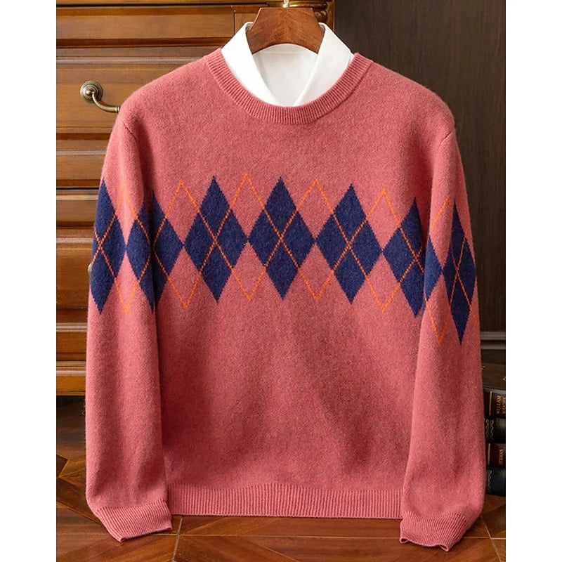 Men's red argyle crew neck sweater with saddle shoulders