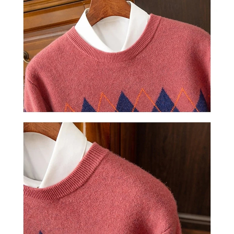 Men's red argyle crew neck sweater with saddle shoulders