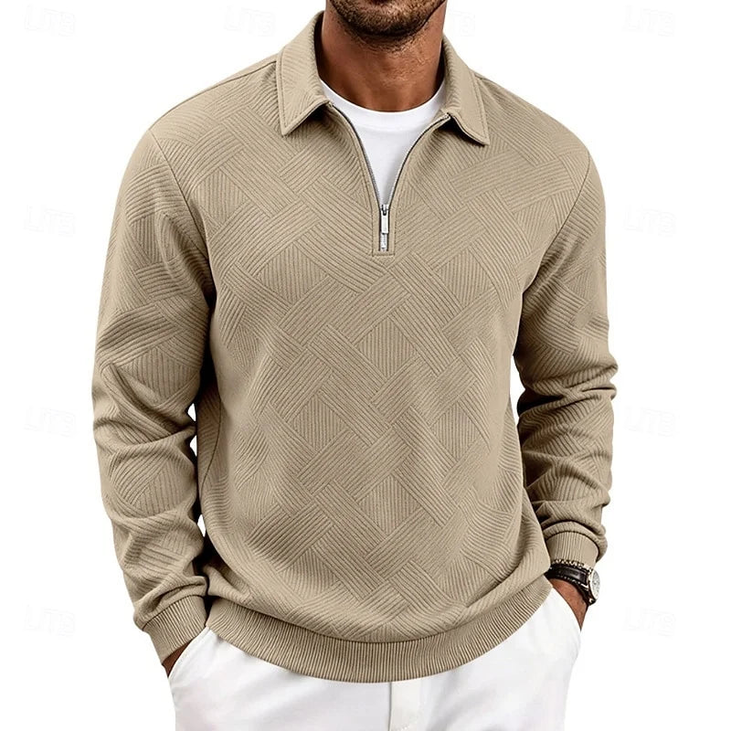 Men's khaki textured quarter-zip pullover, with a ribbed collar
