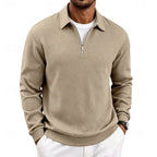 Men's khaki textured quarter-zip pullover, with a ribbed collar
