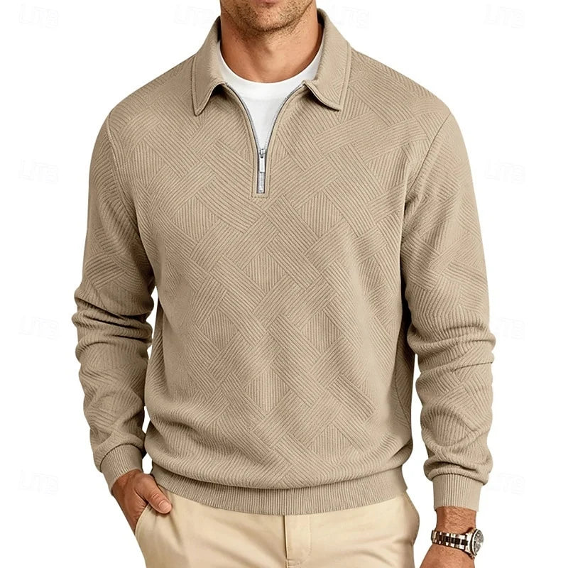 Men's khaki textured quarter-zip pullover, with a ribbed collar