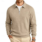 Men's khaki textured quarter-zip pullover, with a ribbed collar