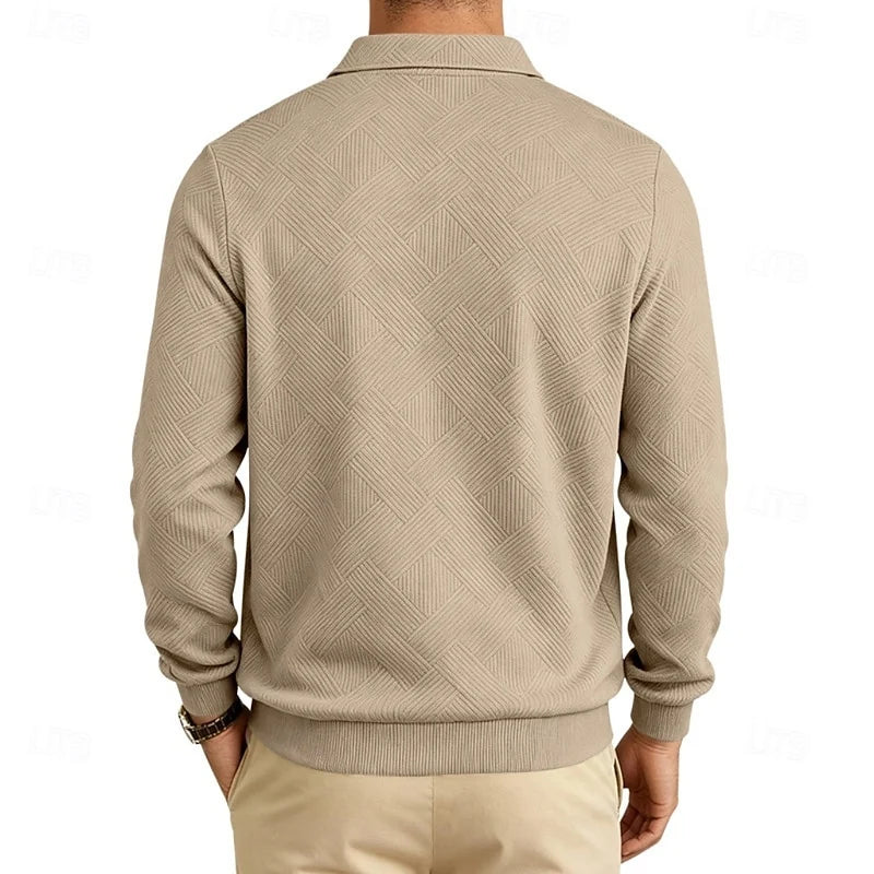 Men's khaki textured quarter-zip pullover, with a ribbed collar