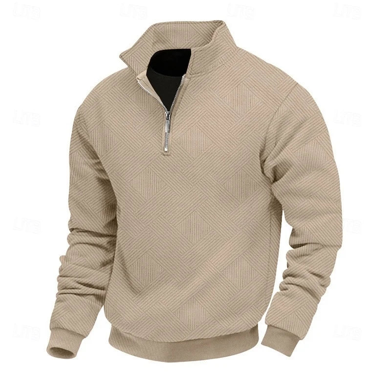Men's khaki textured quarter-zip pullover, with a ribbed collar