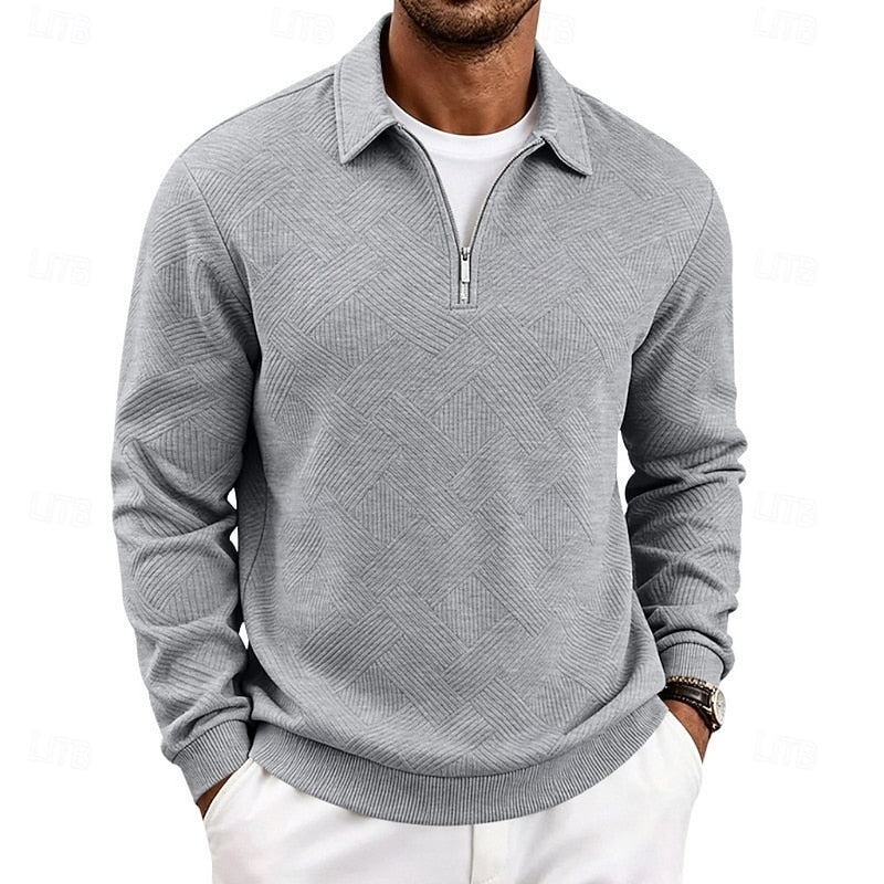 Men's light grey textured quarter-zip pullover, with a ribbed collar