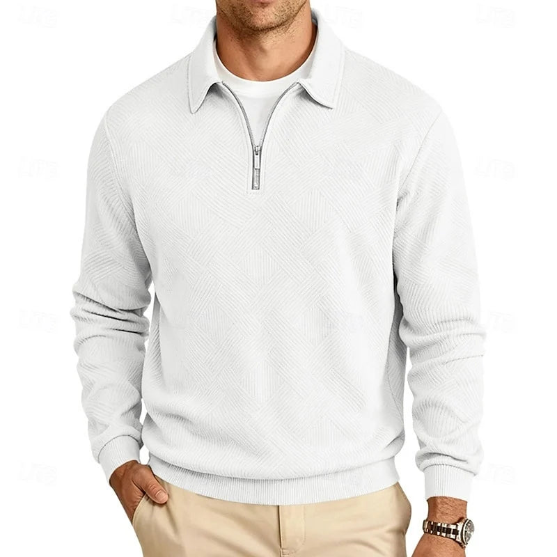 Men's white textured quarter-zip pullover, with a ribbed collar
