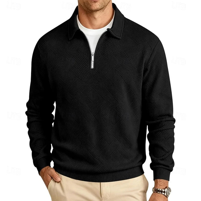 Men's black textured quarter-zip pullover, with a ribbed collar
