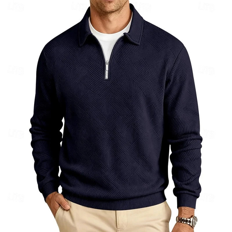 Men's navy blue textured quarter-zip pullover, with a ribbed collar